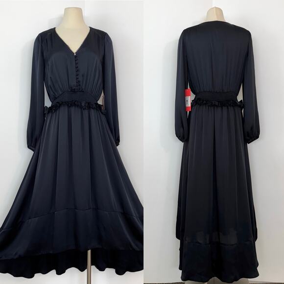 Monique Lhuillier ML Navy Satin Dress High-Low Long Sleeve V-Neck 4 NWT - Picture 2 of 16